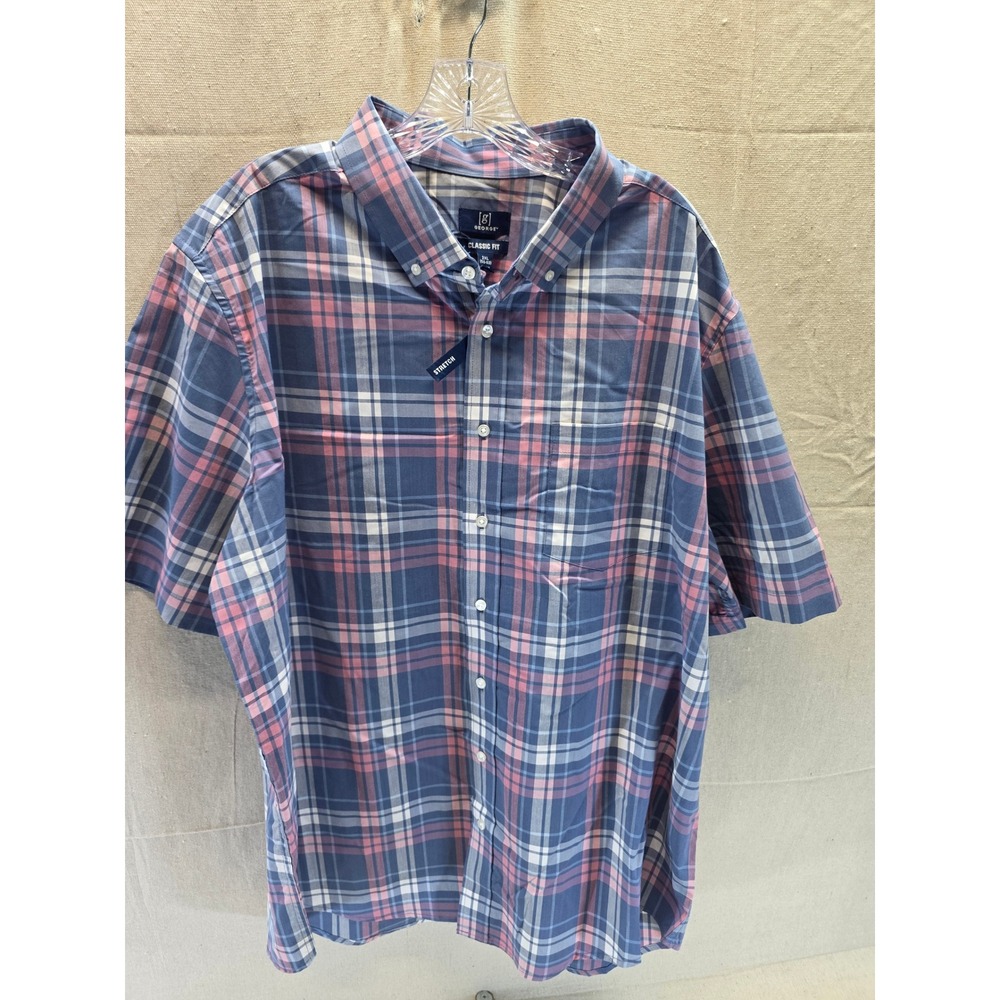 George Mens 2XL Classic Fit Short Sleeve Plaid Button Down Blue Pink Stretch